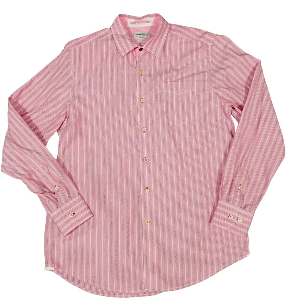 Tommy Bahama Jeans Island Modern Fit Shirt Pink Striped Tropical Button Up Med